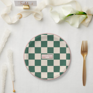 Personalized Chequered Pink & Green Paper Plate