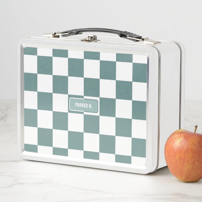 Personalized Chequered Porcelain Turquoise Blue Metal Lunch Box (In Situ)