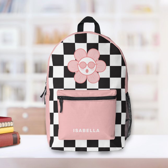 Personalized Chequered Pretty Girl School Printed Backpack (Trendy Checkered Personalized Backpack. Pink cool Daisy with black and white checkers. )
