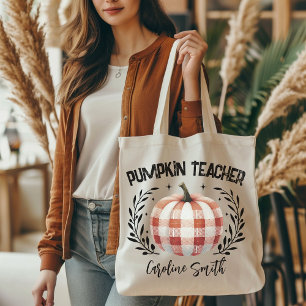 Personalized chequered pumpkin teacher tote, Fall Tote Bag