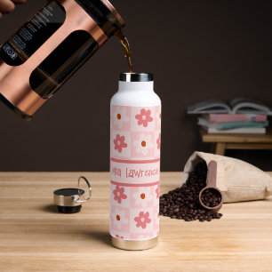 Personalized Chequered Retro Flowers Water Bottle