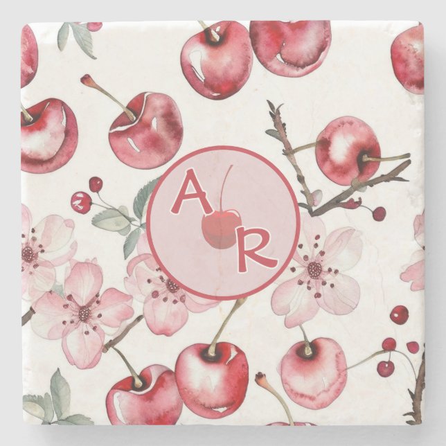 Personalized Cherry Blossom and Monogram Stone Coaster (Front)