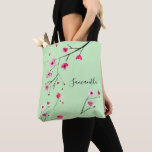 Personalized | Cherry Blossom | Black Tote Bag<br><div class="desc">A wonderful gift for your girls,  might it be for the bridesmaids,  your best friends (bffs) or a class reunion. Personalize each one with her name. Beautiful watercolor cherry blossoms in a green background.</div>