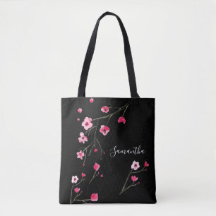 Personalized Cherry Blossom Black Tote Bag