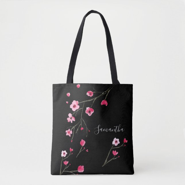 Personalized Cherry Blossom Black Tote Bag (Front)