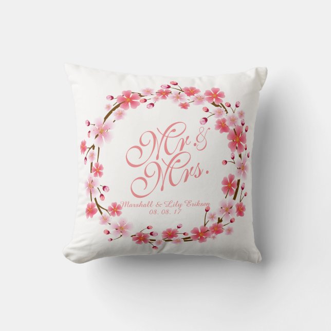 Personalized Cherry Blossom Wreath Wedding Pillow (Front)