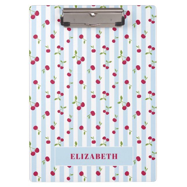 Personalized Cherry Blue Stripes Retro Cute Clipboard (Front)
