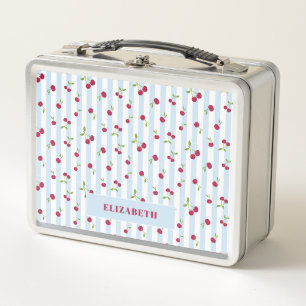 Personalized Cherry Blue Stripes Retro Cute Metal Lunch Box