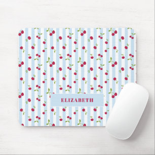 Personalized Cherry Blue Stripes Retro Cute Mouse Pad