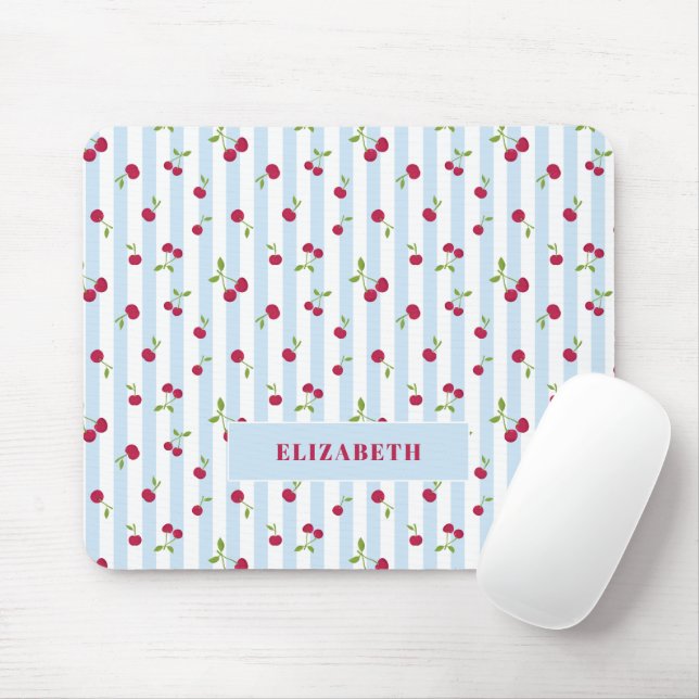 Personalized Cherry Blue Stripes Retro Cute Mouse Pad (With Mouse)