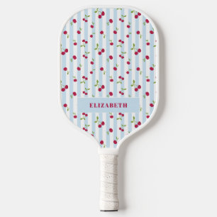 Personalized Cherry Blue Stripes Retro Cute Pickleball Paddle