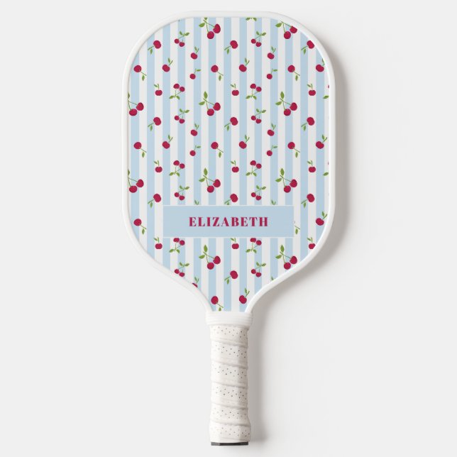 Personalized Cherry Blue Stripes Retro Cute Pickleball Paddle (Front)