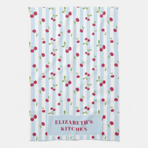 Personalized Cherry Blue Stripes Retro Cute Preppy Kitchen Towel