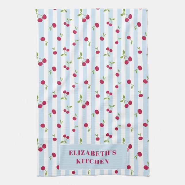 Personalized Cherry Blue Stripes Retro Cute Preppy Kitchen Towel (Vertical)