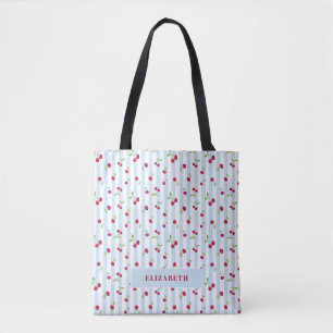 Personalized Cherry Blue Stripes Retro Cute Tote Bag