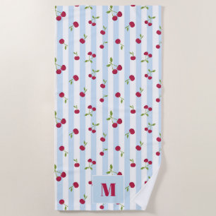 Personalized Cherry Blue Stripes Retro Monogram Beach Towel