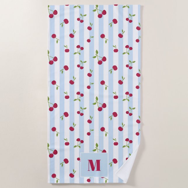 Personalized Cherry Blue Stripes Retro Monogram Beach Towel (Front)