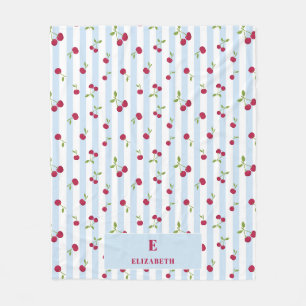 Personalized Cherry Blue Stripes Retro Monogram Fleece Blanket