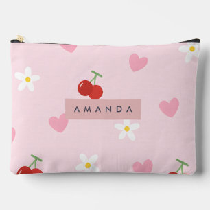 Personalized Cherry, Daisy & Pink Heart Pattern Accessory Pouch