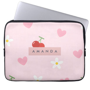 Personalized Cherry, Daisy & Pink Heart Pattern  Laptop Sleeve