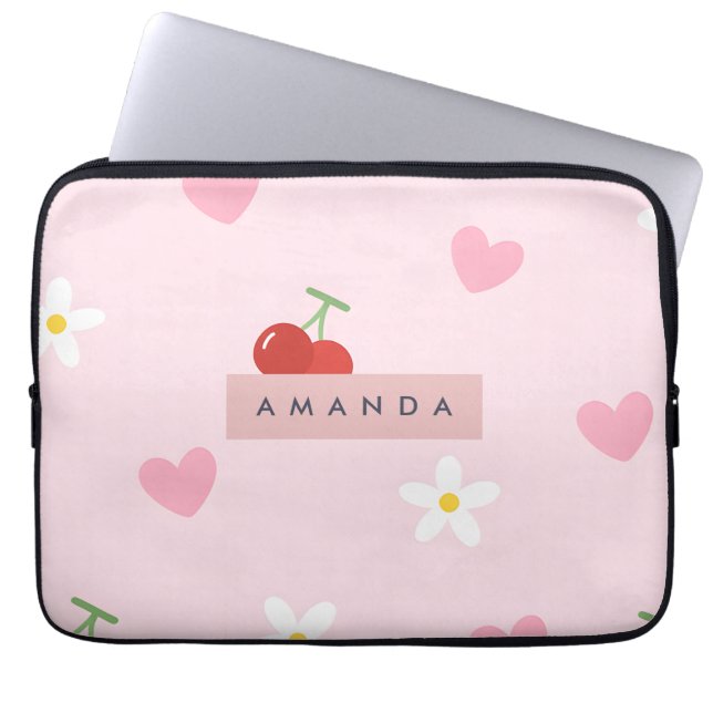 Personalized Cherry, Daisy & Pink Heart Pattern  Laptop Sleeve (Front)