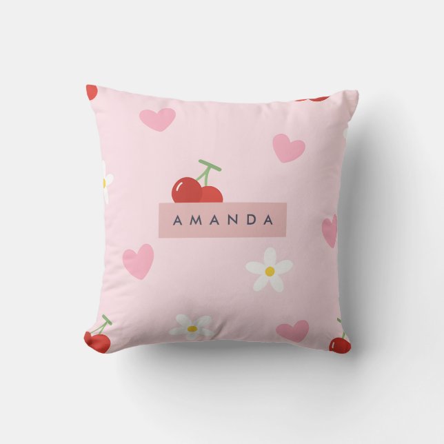 Personalized Cherry, Daisy & Pink Heart Pattern  Throw Pillow (Front)