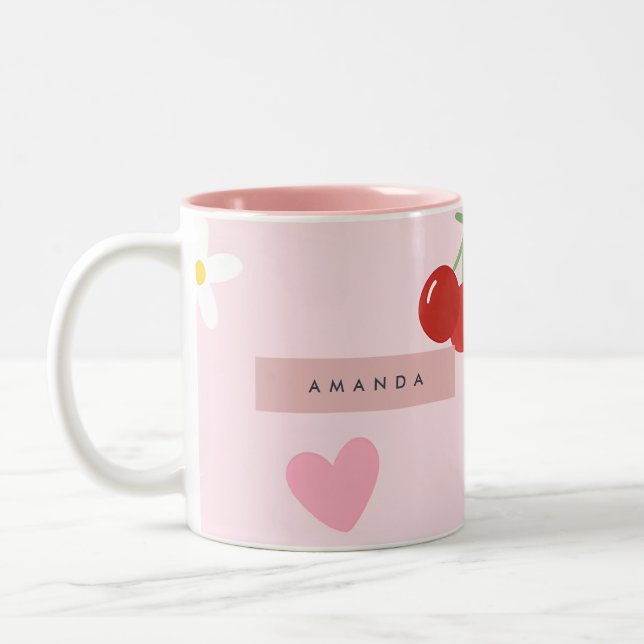 Personalized Cherry, Daisy & Pink Heart Pattern  Two-Tone Coffee Mug (Left)