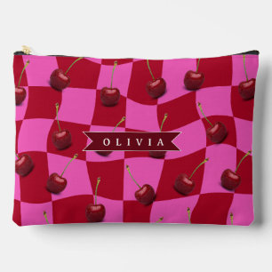 Personalized Cherry Gingham Retro Custom Name Accessory Pouch