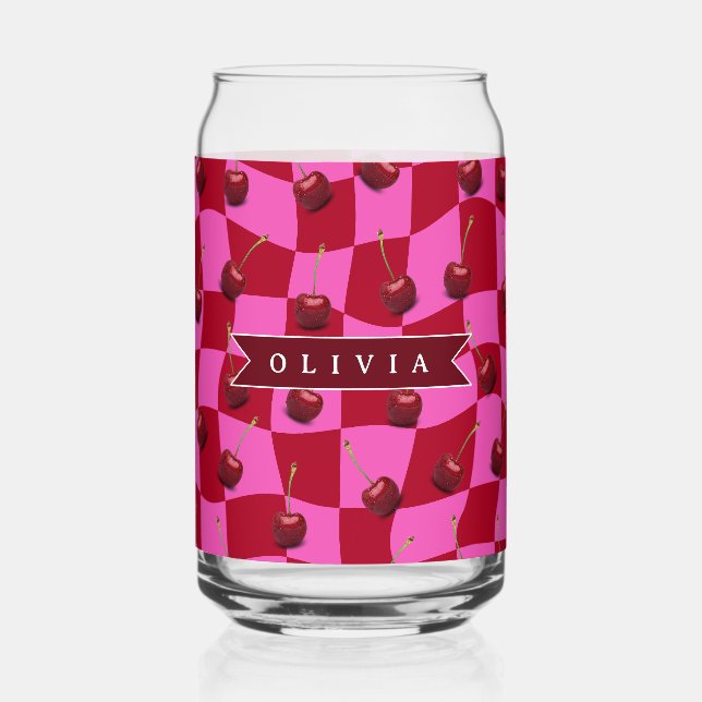 Personalized Cherry Gingham Retro Custom Name Can Glass (Front)