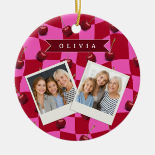 Personalized Cherry Gingham Retro Custom Name Ceramic Ornament