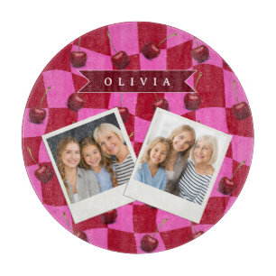 Personalized Cherry Gingham Retro Custom Name Cutting Board