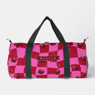 Personalized Cherry Gingham Retro Custom Name Duffle Bag