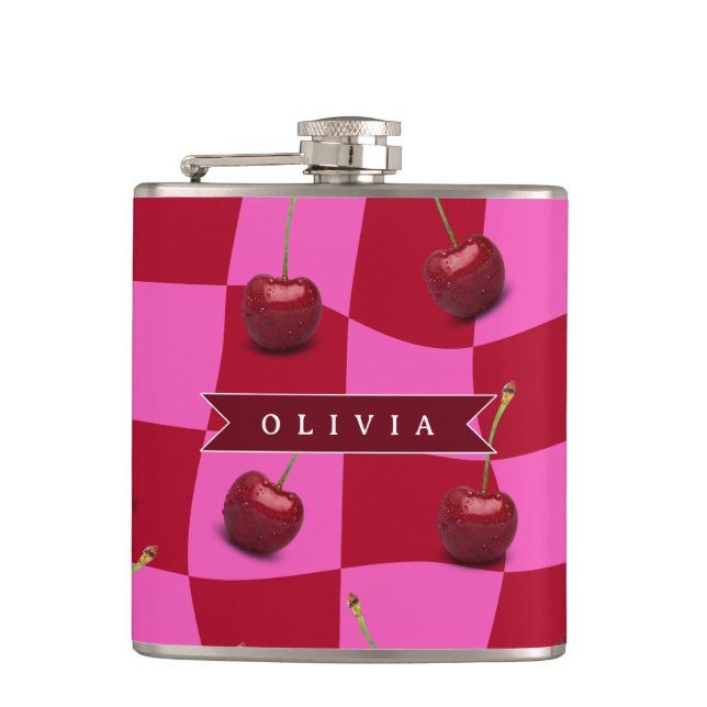 Personalized Cherry Gingham Retro Custom Name Hip Flask (Front)