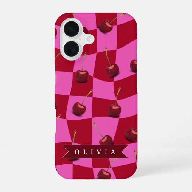 Personalized Cherry Gingham Retro Custom Name iPhone 16 Case (Back)
