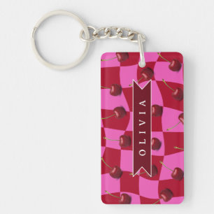 Personalized Cherry Gingham Retro Custom Name Keychain