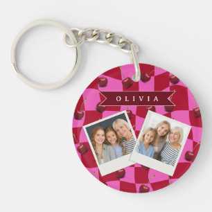 Personalized Cherry Gingham Retro Custom Name Keychain