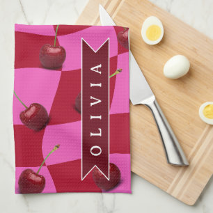 Personalized Cherry Gingham Retro Custom Name Kitchen Towel