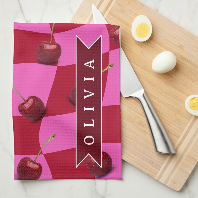 Personalized Cherry Gingham Retro Custom Name Kitchen Towel (Quarter Fold)