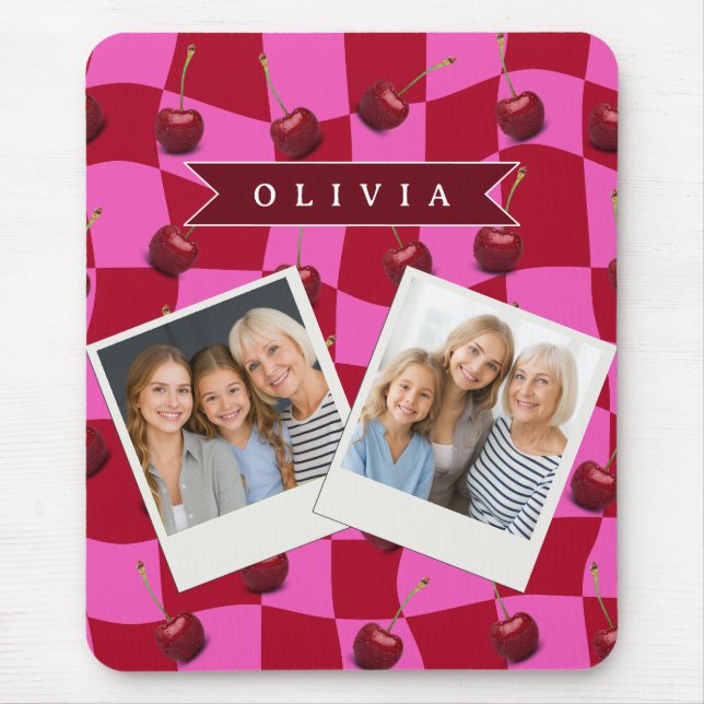 Personalized Cherry Gingham Retro Custom Name Mouse Pad (Front)