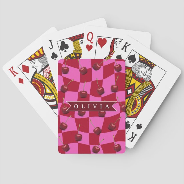 Personalized Cherry Gingham Retro Custom Name Playing Cards (Back)