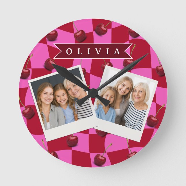 Personalized Cherry Gingham Retro Custom Name Round Clock (Front)
