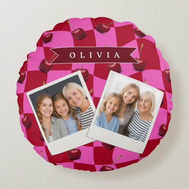 Personalized Cherry Gingham Retro Custom Name Round Pillow (Front)