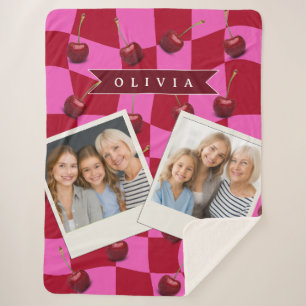 Personalized Cherry Gingham Retro Custom Name Sherpa Blanket