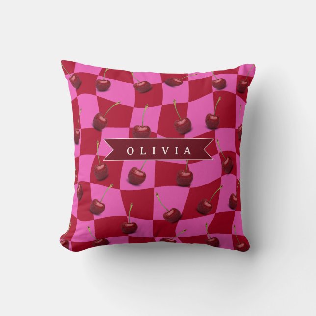 Personalized Cherry Gingham Retro Custom Name Throw Pillow (Front)
