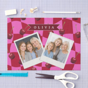 Personalized Cherry Gingham Retro Custom Name Tissue Paper