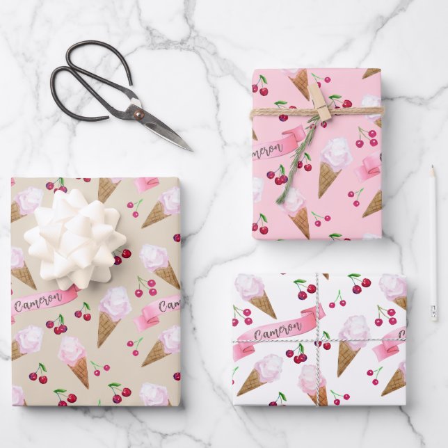 Personalized Cherry Ice Cream Cones Pink Pastels Wrapping Paper Sheet (Front)