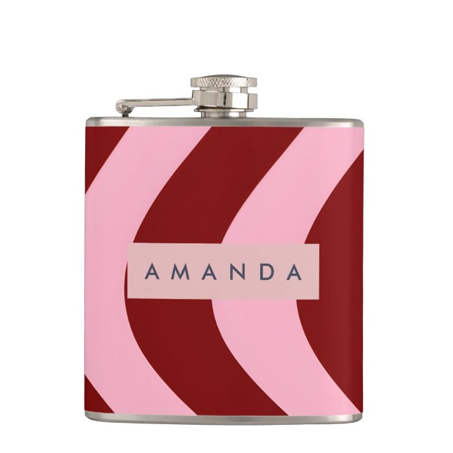 Personalized Cherry Red and Pink Wavy Stripe Hip Flask (Front)