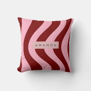 Personalized Cherry Red and Pink Wavy Stripe Throw Pillow