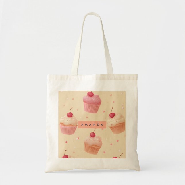 Personalized Cherry Sweet Cupcake Pattern Tote Bag (Front)