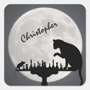 Personalized Chess Full Moon Cat and Mouse Game Square Sticker